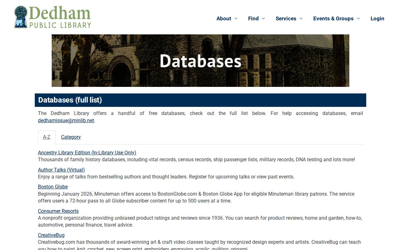 Dedham city directory research at the Dedham Public Library databases page
